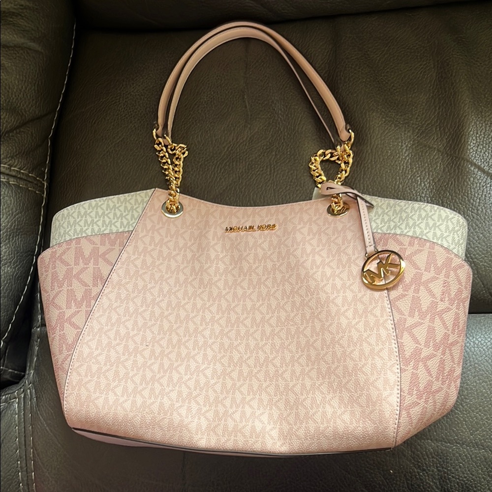 Michael Kors powder blush signature print large chain shoulder tote.
